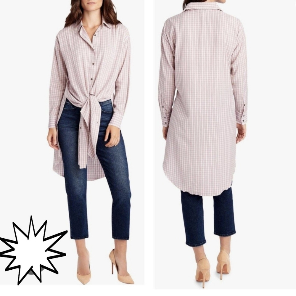 William Rast "Angel" Mauve Long Sleeve Plaid Button Down Tunic Size M Raw Edge